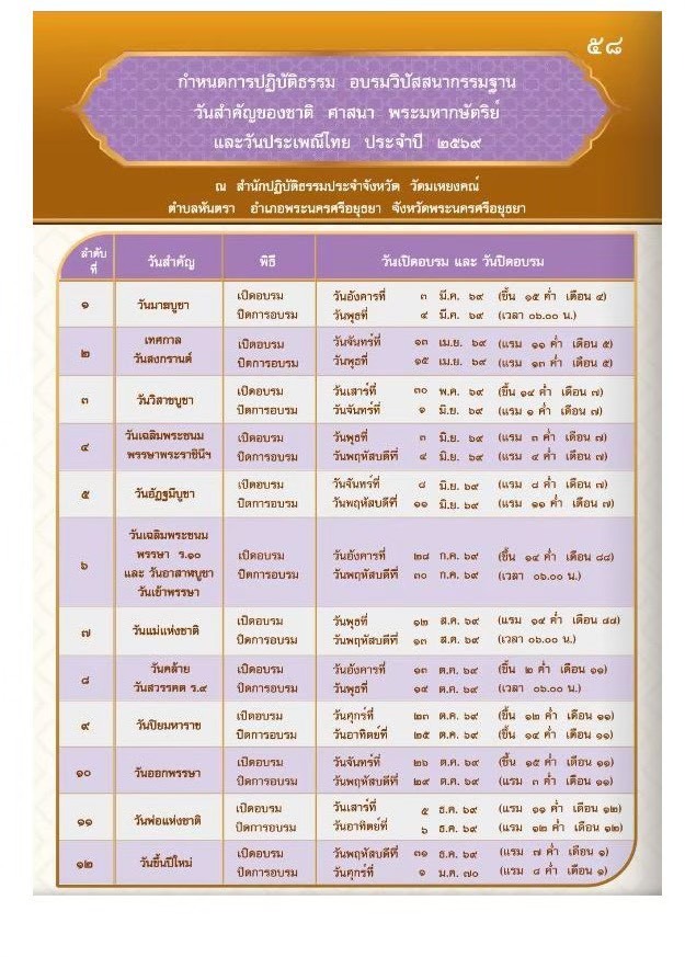 ตารางกำหนดการปฏิบัติธรรมคอร์สเทศกาล ประจำปี ๒๕๖๙
