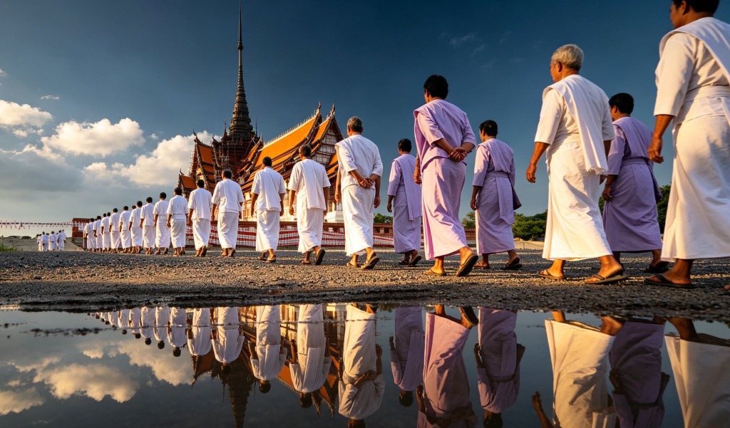 ผู้ปฏิบัติธรรมเดินจงกรมเป็นแถวมีเงาสะท้อนน้ำคู่เจดีย์วัด