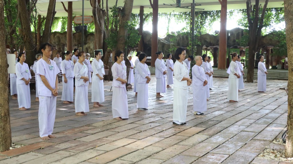 ผู้ปฏิบัติธรรมยืนภาวนาสงบนิ่งใต้ร่มไม้ใหญ่