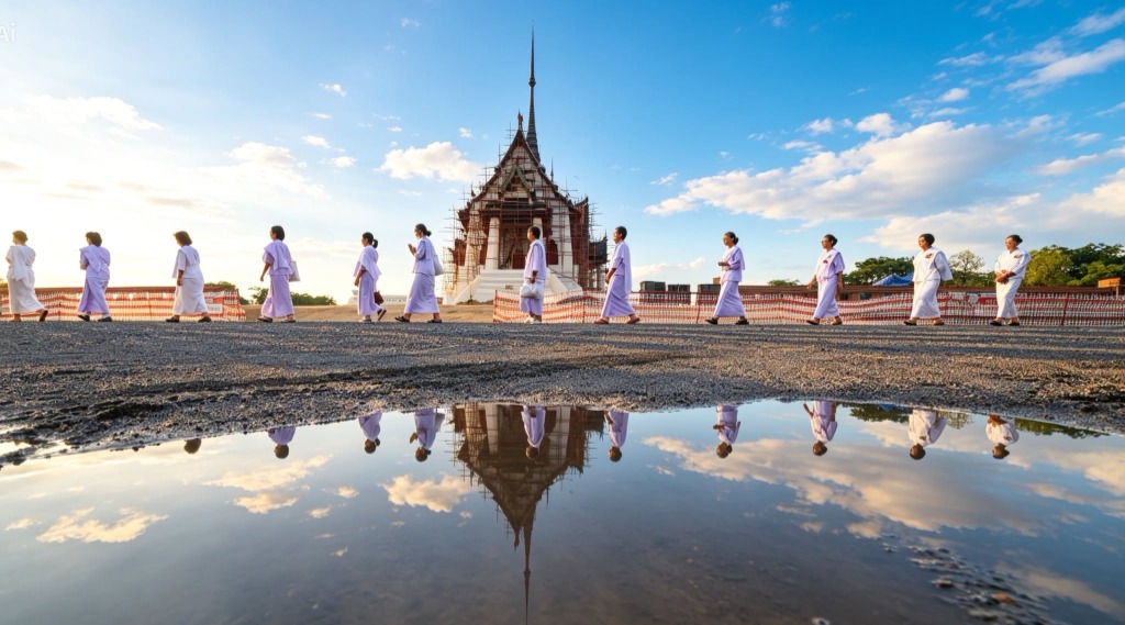 ผู้ปฏิบัติธรรมเดินจงกรมอย่างมีสติผ่านเจดีย์ใหญ่สะท้อนเงาผืนน้ำ