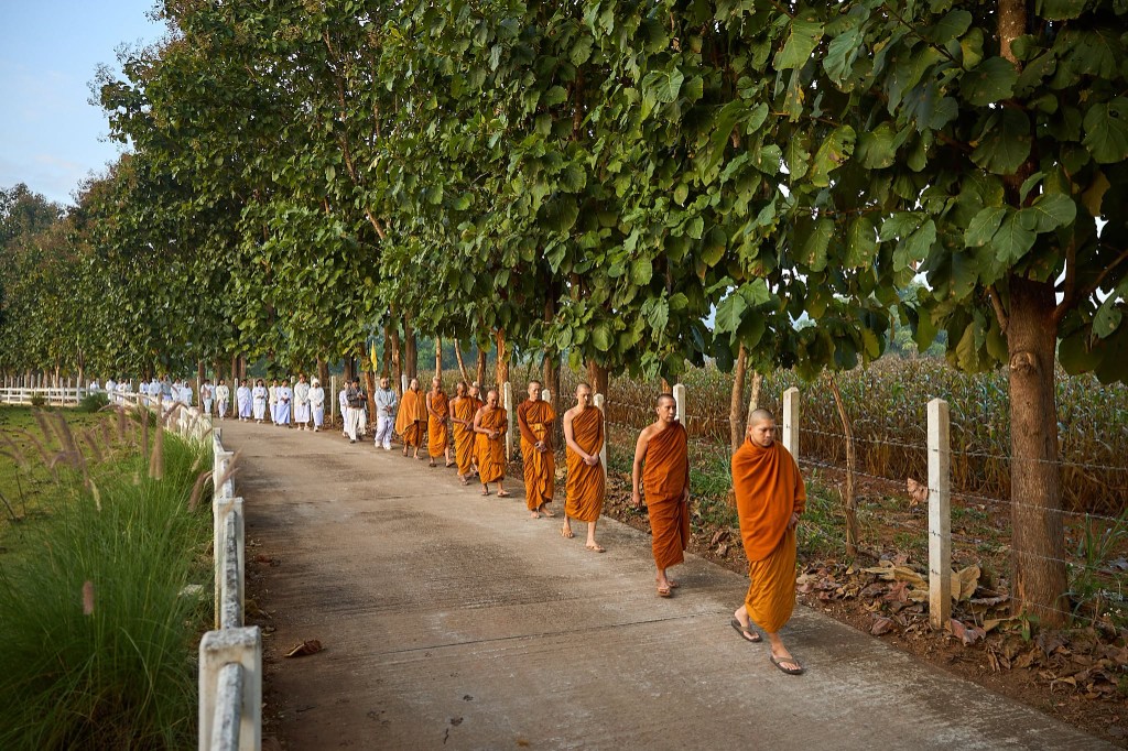 พระสงฆ์เดินจงกรมตามถนนต้นไม้ที่สาขาพะเยา